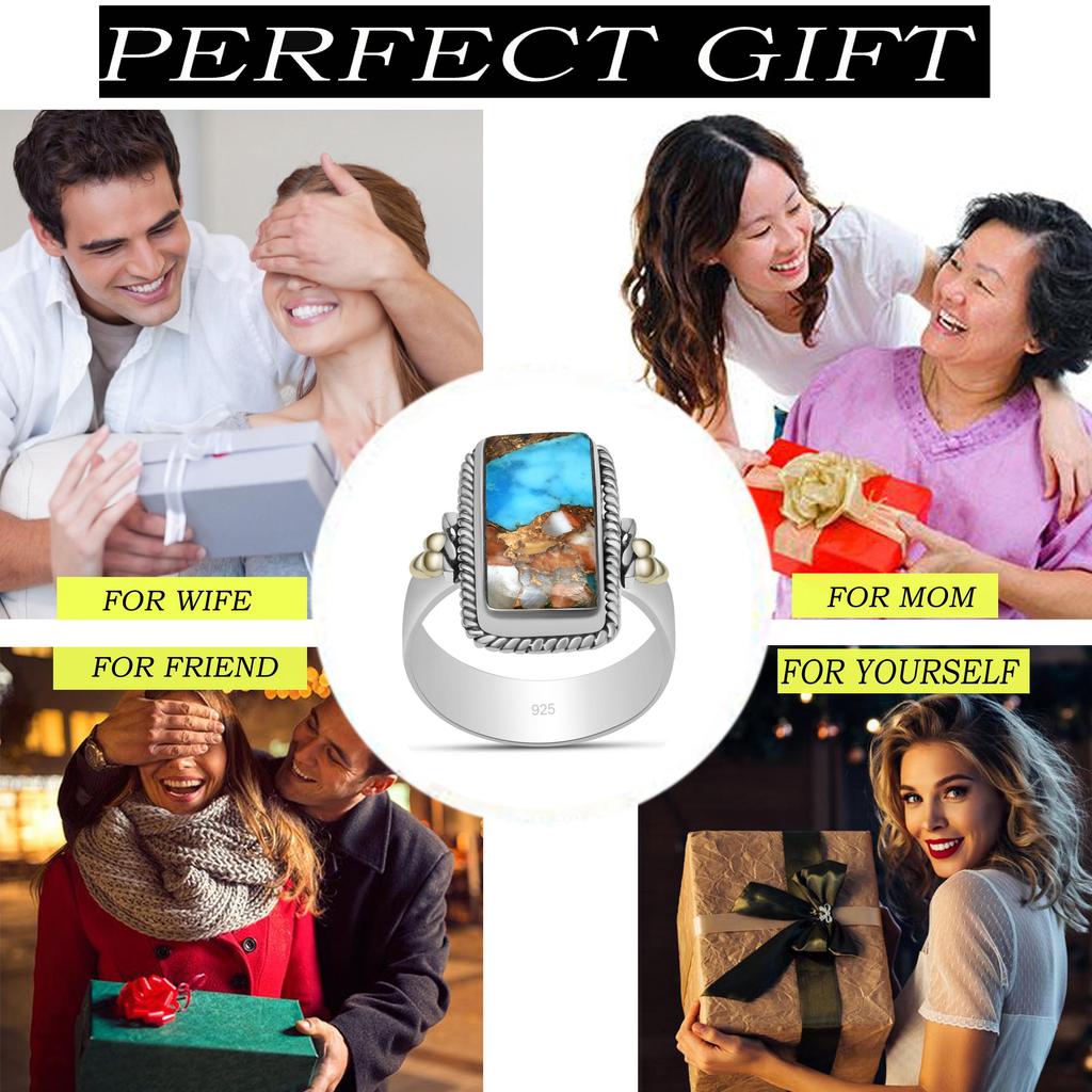 Двухцветное кольцо из стерлингового серебра 925 пробы с натуральным бирюзовым камнем устрицы для женщин и девочек