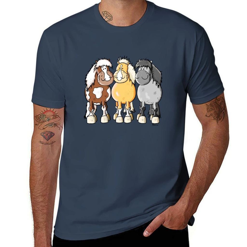 Three Cute Shetland Ponys Cartoon Tshirt Trendy Pattern Tshirt For Unisex