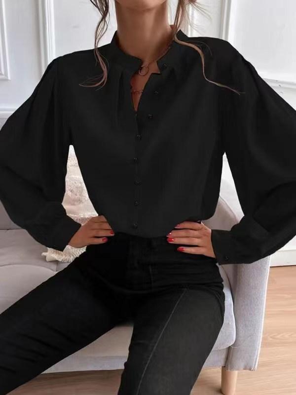 Women's Shirt Elegant Solid Color Lapel Long Sleeved Single Row Button Loose Women's Top