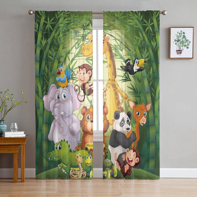 Cartoon Animal Zoo Tropical Jungle Sheer Curtain For Living Room Bedroom Kitchen Window Decor Giraffe Elephant Tulle Curtains