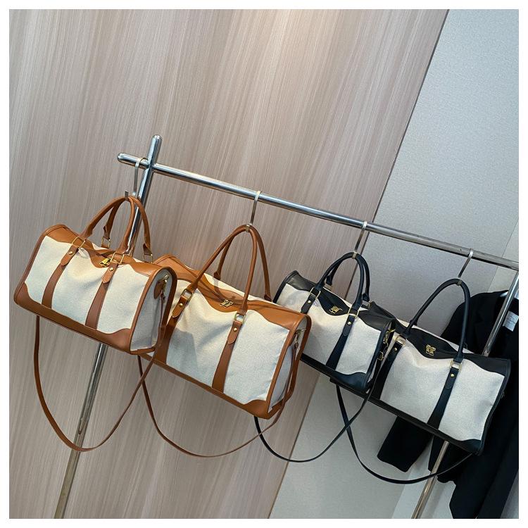 Ретро женская холщовая дорожная сумка - Большая вместимость, Дизайн с цветовыми блоками, Идеальна для спорта, фитнеса и путешествий на короткие расстояния