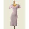Minimalist Solid Color and V-neck Knitting Short Sleeve Dress Spring and Summer New Arrival Silm Slim Looking Sexy Split Sexy Sheath
