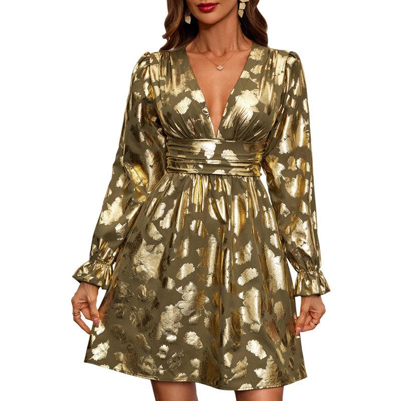 2025 новое осеннее женское платье с V-образным вырезом и нерегулярным бронзовым напылением
