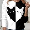 Классическая черно-белая футболка с принтом кота контрастного цвета, женские милые модные топы с длинными рукавами, повседневная уличная свободная рубашка большого размера