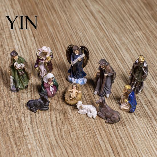 Hand Painted Resin Figures 11 Pcs Christmas Nativity Scene Set, Mini Figurines Tabletop Decor, Jesus Birth Decor Holy Family Angel Shepherd