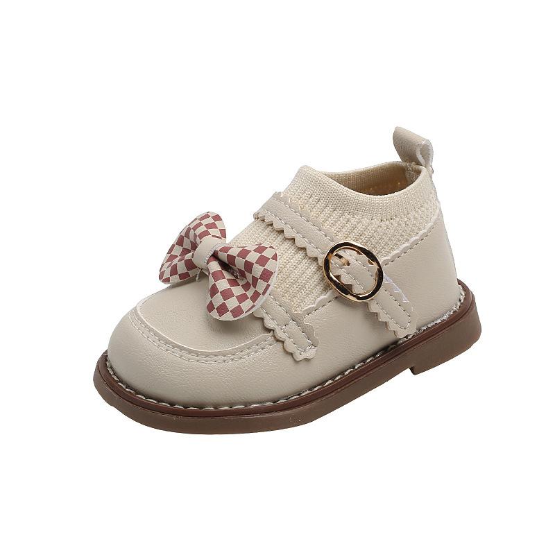 High Top Baby Girl Kintted Sock Shoes Houndstooth Buttefly-knot Toddler Boots for Kids Girls Elegant Newborn Autumn