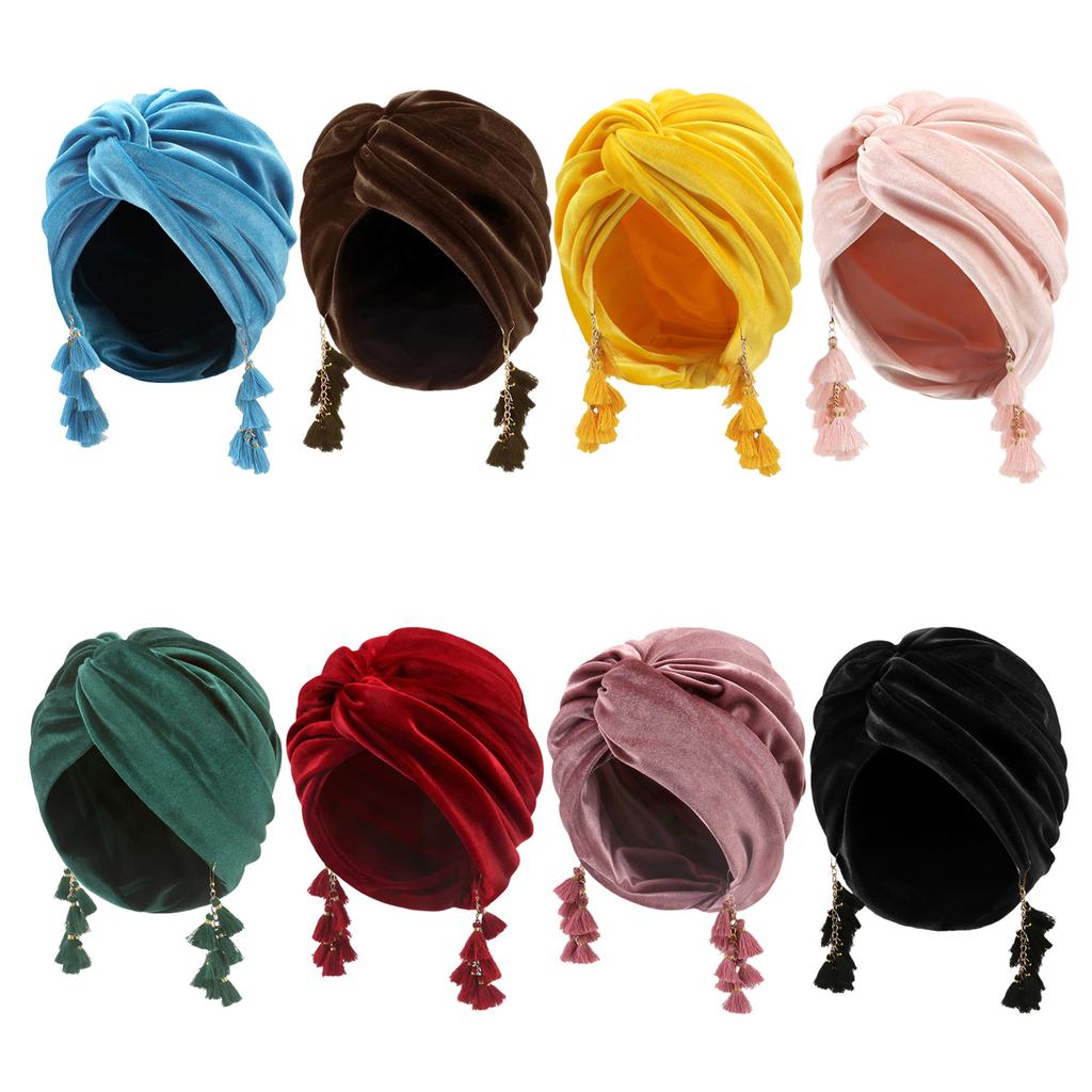 New Spring Women's Bohemia Velet Turban Tassel Head Wrap Cap European American Retro Style Boho Cross Beanie Hat