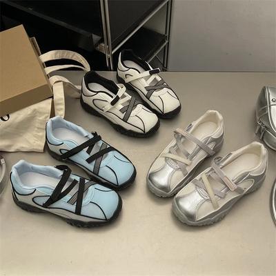 Летние туфли в балетном стиле на толстом каблуке, повседневные спортивные туфли Deqin, женские туфли Мэри Джейн с открытым носком, дышащие, в полоску, из синтетической кожи