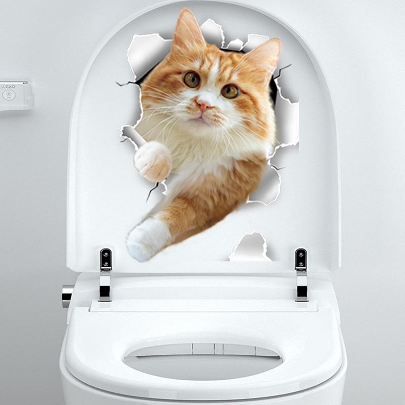 3D наклейки на стену с кошками, наклейки для туалета, вид на отверстие, яркая ванная комната для украшения дома, виниловые наклейки с животными, художественные обои, постер
