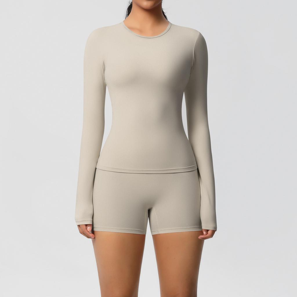New solid color double-sided abraded tight long yoga suit, sports running fitness suit, two-piece set for women