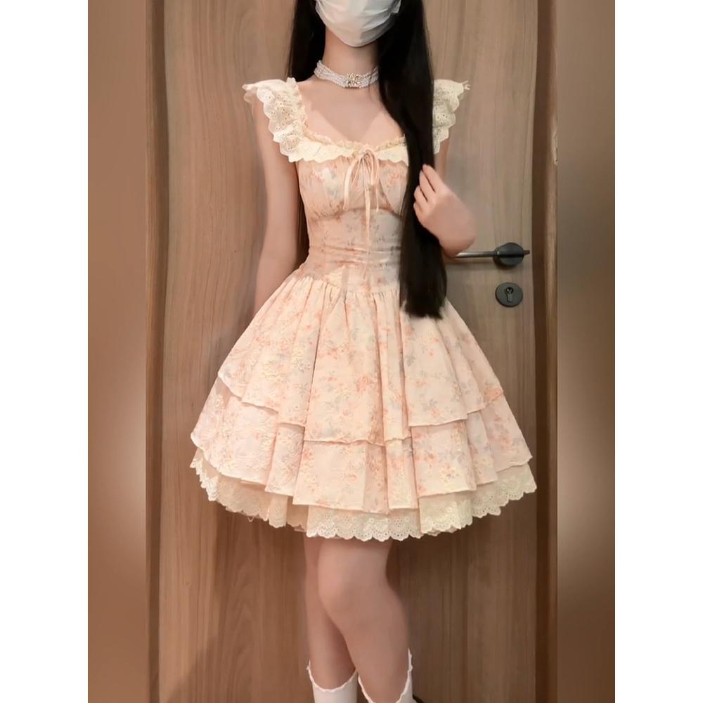 Милое сладкое розовое платье с цветочным принтом для девочки, женственный дизайн, ощущение, талия тонкая, короткая юбка, лето, новое кружево