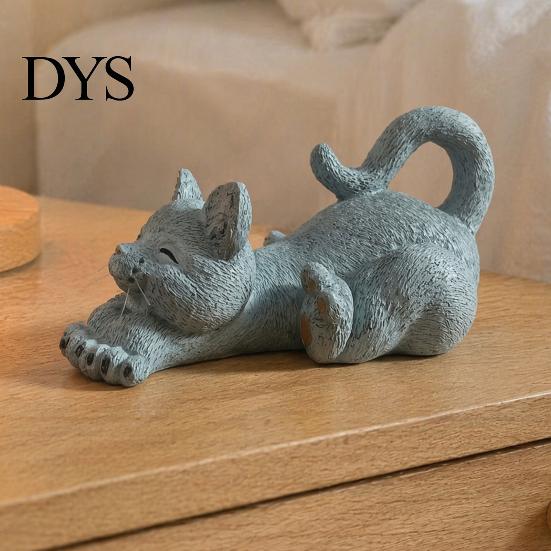 Small Animal Ornament for Shelf Stretching Kitten Figurine, Resin Cat Statue, Cute Ornament, Desktop Stress Relief Toy Compact Decoration Home Office