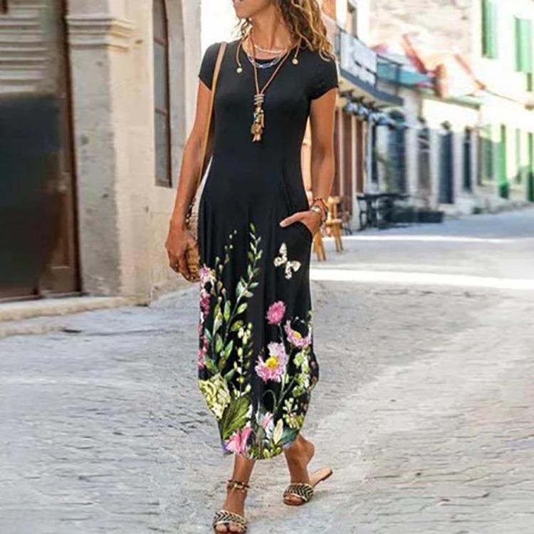 Women's Casual Dresses - Elegant Sleeveless Floral Print A Line Dress Women Party Casual Long Dress with Pocket Round Neck