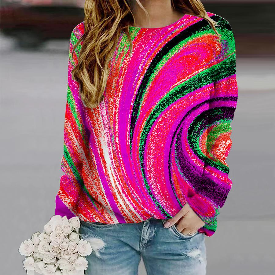 Tops For Women Oil Painting of Rivers Print Round Neck Long Sleeve T-shirt Fall Casual Slim Pullover Women's Long Sleeve Top