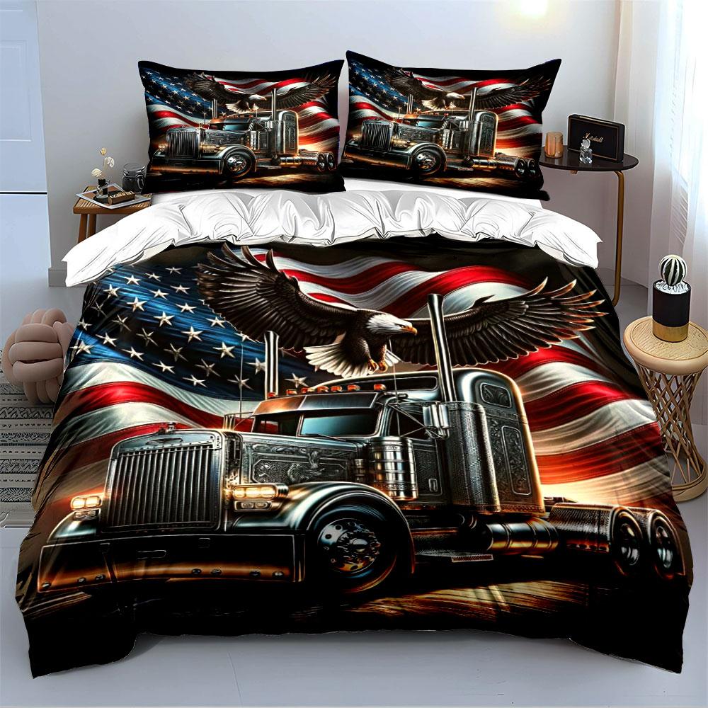 Truck and Eagle with USA Flag Bedding Duvet Cover Set Duvet Cover Pillowcases (1 * Duvet Cover 2 * Pillowcases, without duvet insert)