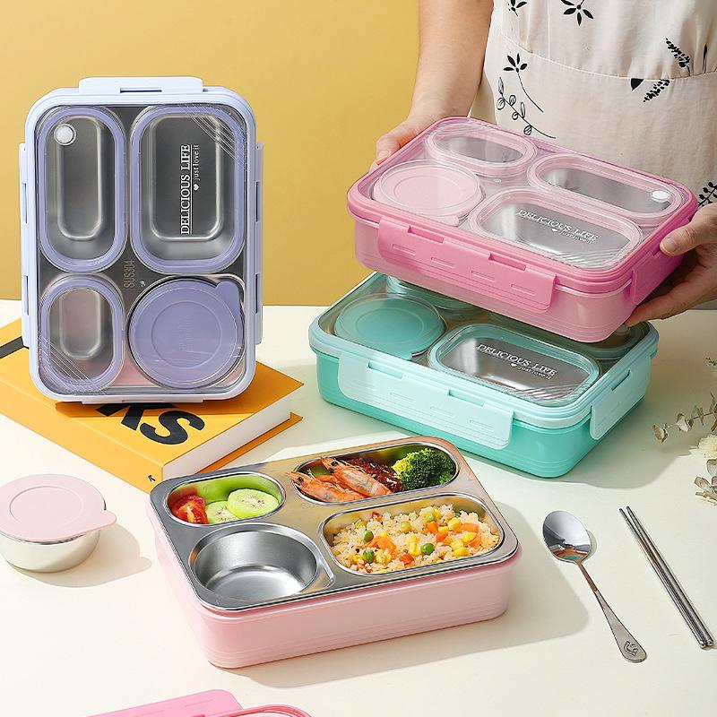Lunch Box Containers Stainless Steel Bento Box For Adults With 4-Compartment Snack Tray, Leak-Proof Soup Bowl, Dishwasher Safe