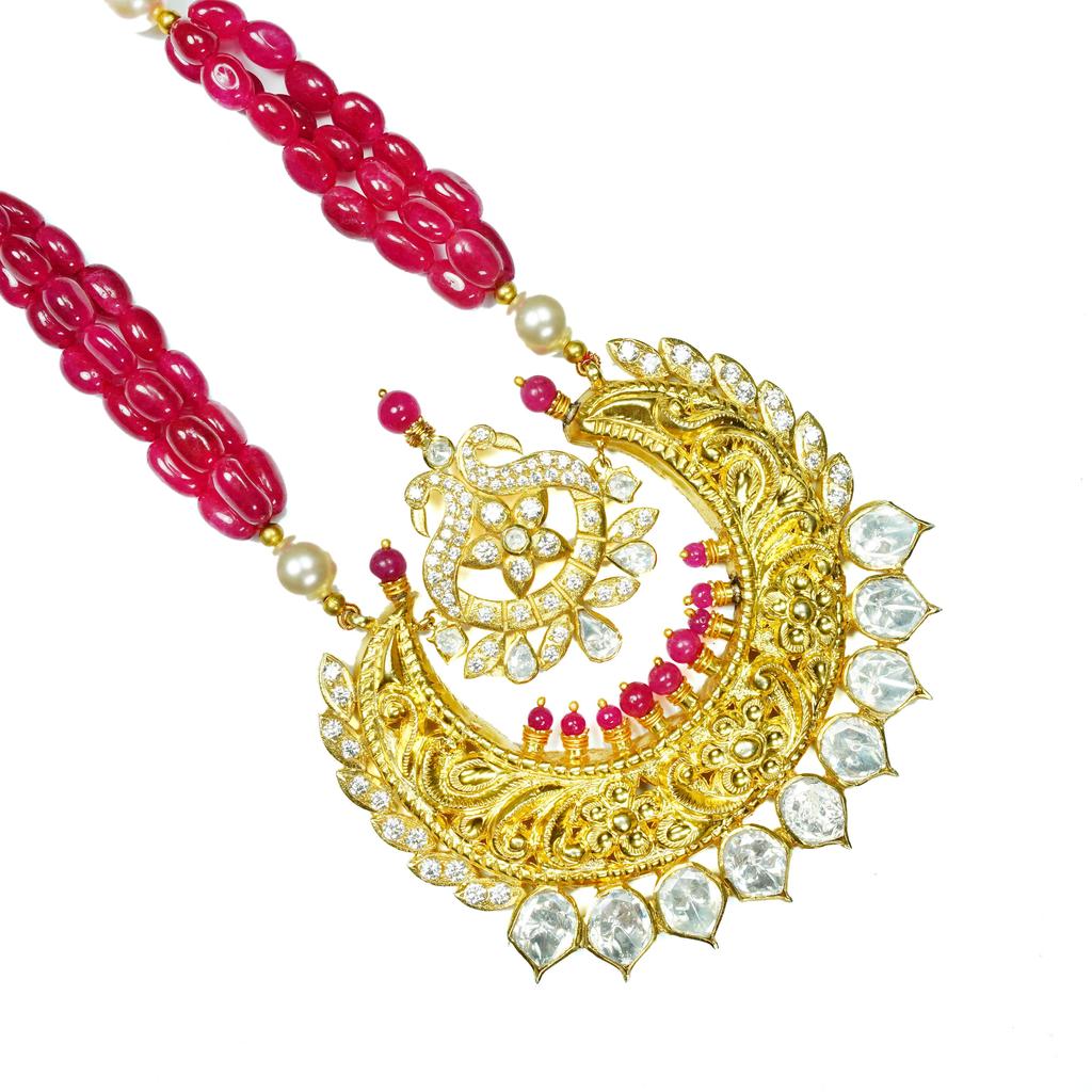 Gold Plated Kundan And Ruby Beads Necklace In Sterling Silver