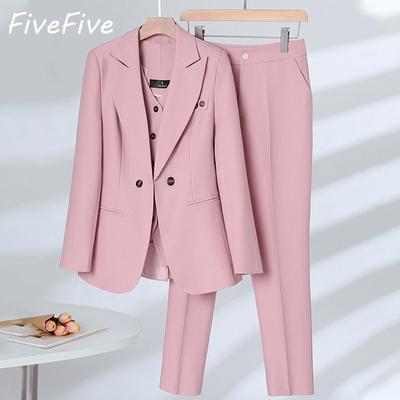 FiveFive повседневные брючные костюмы для женщин, офисная уличная одежда с длинными рукавами, однотонные двубортные брючные костюмы из трех предметов на весну и лето