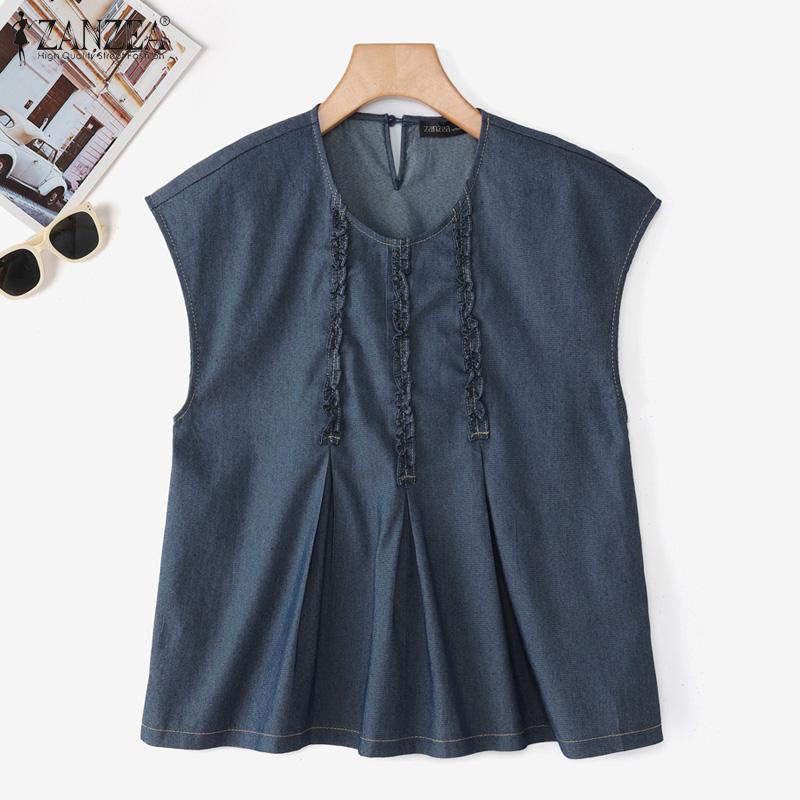 ZANZEA Женская повседневная свободная блузка с коротким рукавом и круглым вырезом