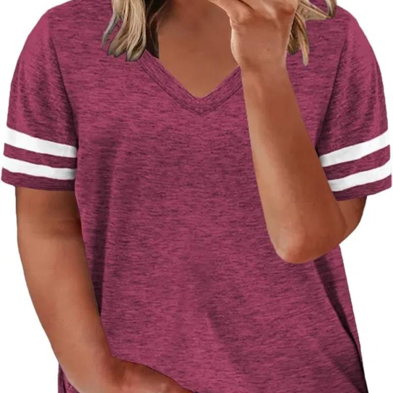 Футболка больших размеров с цветным V-образным вырезом, женская, слегка эластичная, с коротким рукавом, повседневная футболка больших размеров, женская одежда больших размеров