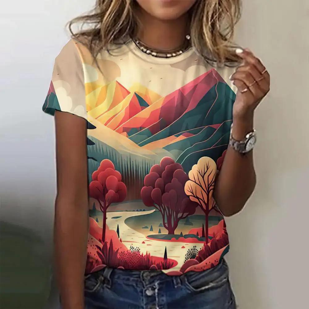 Women's Fashion T-shirt Summer Loose Short Sleeved Fish Pattern Clothing Round Neck Casual Top Trendy Printed Women's T-shirt