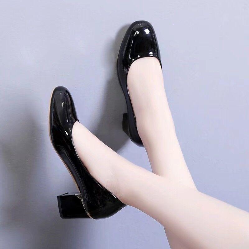 Женская обувь с квадратной головкой и неглубоким носком, толстые одинарные туфли, лакированные кожаные туфли и рабочая обувь, женские черные туфли