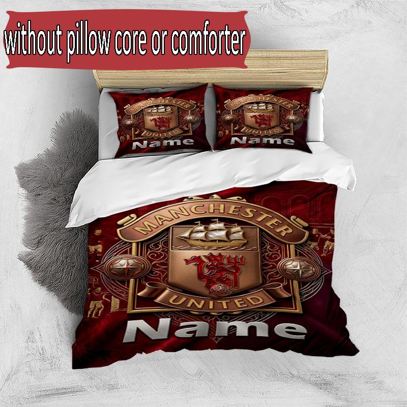 3pcs Duvet Cover Set (1*Duvet Cover + 2*Pillowcase, Without Core), Custom Name Manchester United Pattern Bedding Set, Home Bedroom Decor Gift