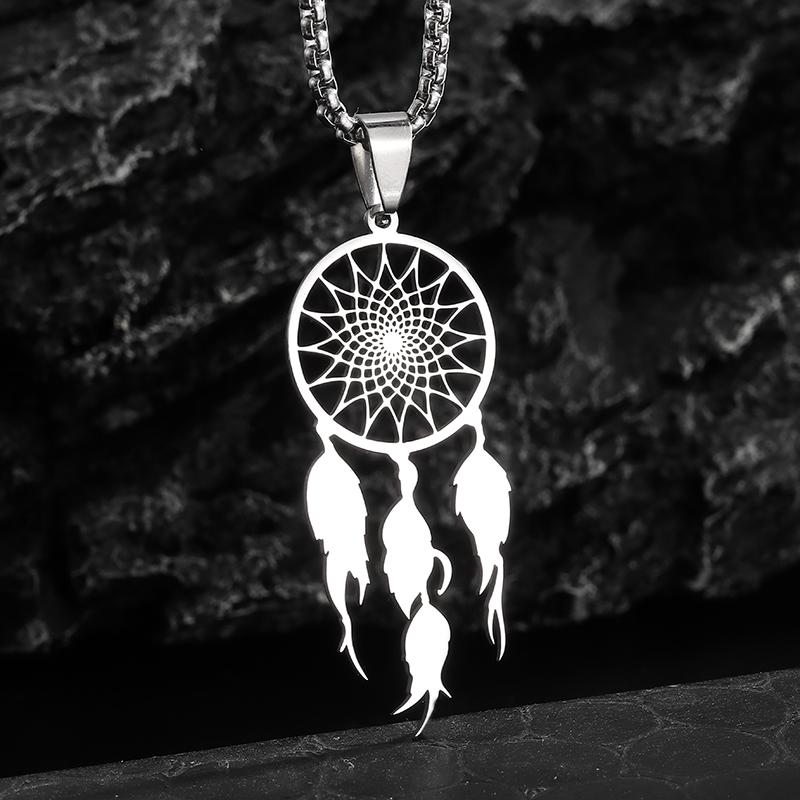 Stainless Steel Tassel Long Dream Catcher Pendant Necklace Fashion Women Retro Bohemian Ethnic Style Lucky Jewelry