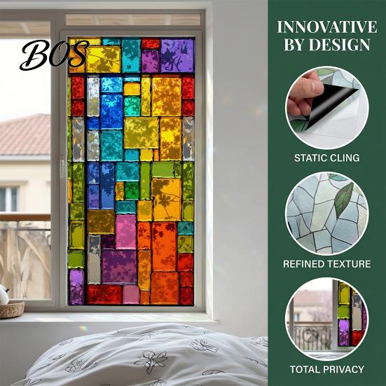 No Glue Window Sticker Static Cling Film, Full Blackout, Colorful Geometric Privacy UV Film Blocking, Reusable Heat Insulation for Home Office