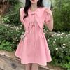 Women Lapel Neck Bow Tie Short Sleeve Vintage Style Casual Pleated Dress