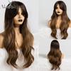Long Wavy Ombre Black Dark Brown Wig with Bangs Wave Heat Resistant Synthetic Wigs for Women African American Cosplay