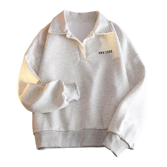 Women Autumn Spring Sweatshirt Turn-down Collar Loose Long Sleeves Pure Color Thin Elastic Cuffs And Hem Sport Style School Casual Top