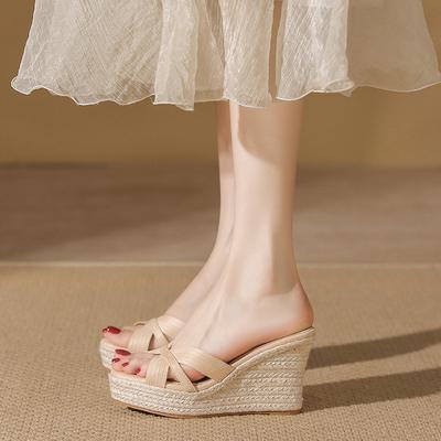 Женские шлепанцы на танкетке с толстой подошвой с открытым носком, новинка лета, водонепроницаемые, на платформе, на высоком каблуке, соломенные сандалии