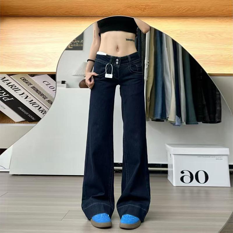 American double buckle does not stick to the legs, slightly pulled jeans, women's autumn new niche thin and versatile low-rise straight pants