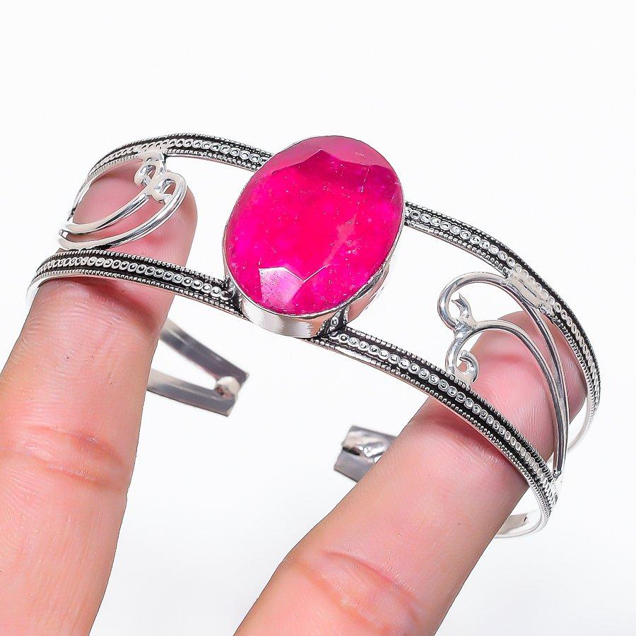 Ruby(Simulated) Gemstone 925 Sterling Silver Cuff Bangle Adjustable u6A41