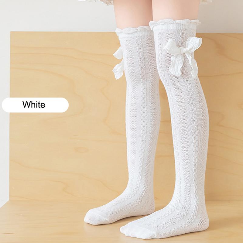 Girls White Bow Knee High Socks Mesh Ruffle Over The Calf Tube Hosiery Fashionable Long Tall Socks For Kids Child