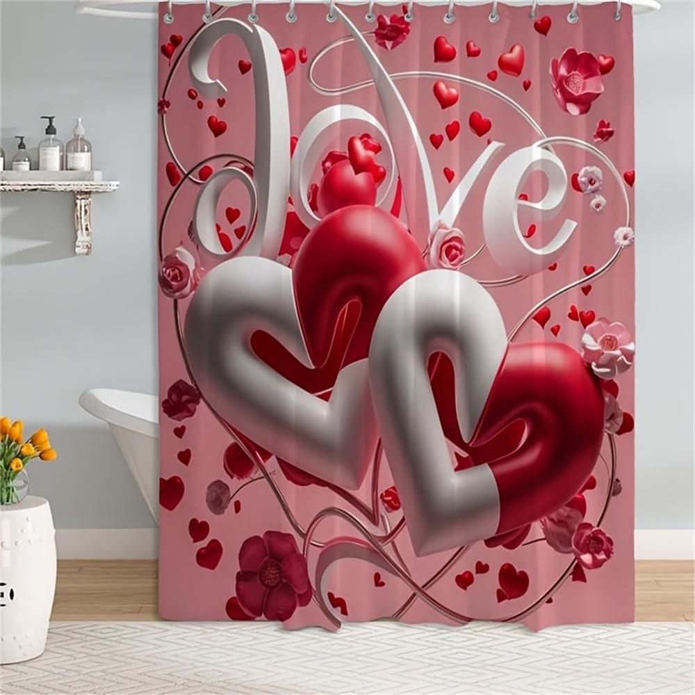 4pcs Red And White Heart Pattern, Valentine's Day Bathroom Set, Waterproof Barrier Shower Curtain, with 12 Hooks, Non Slip Bath
