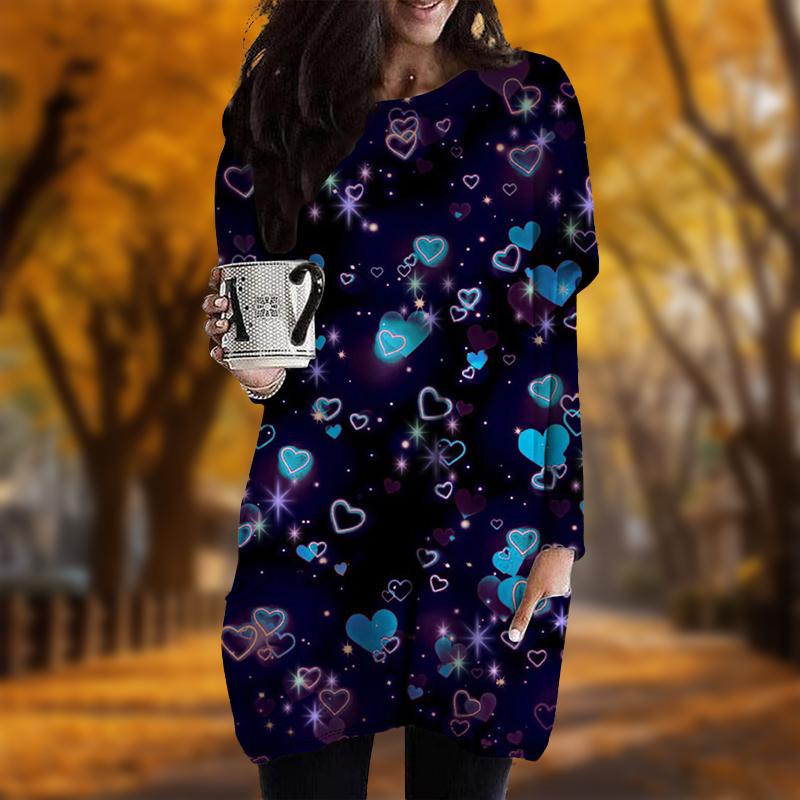 Новинка осени Неоновый принт Love Plus Size Dress Женские повседневные платья с круглым вырезом и длинными рукавами с карманами