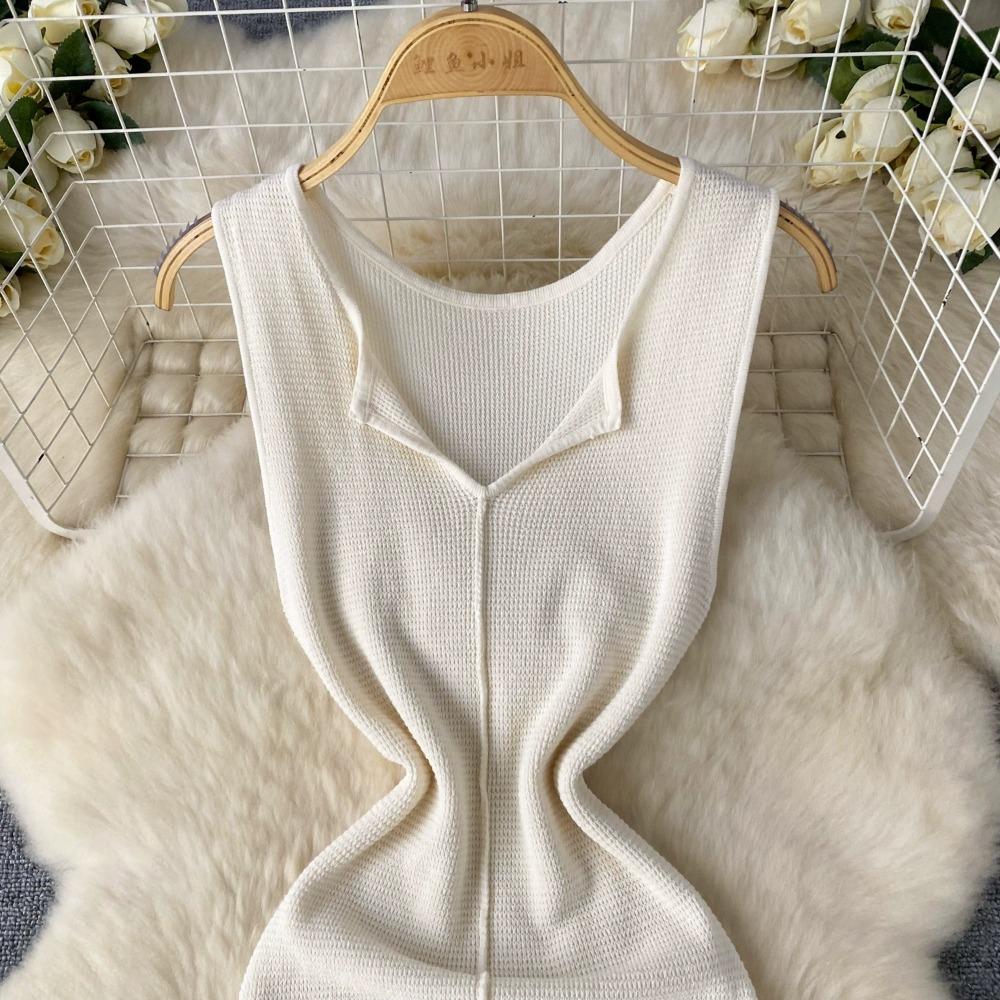 Foamlina Pure Color Knitting Dress для женщин Элегантный V-образный вырез без рукавов Летняя мода Тонкий вырез вечернее длинное платье