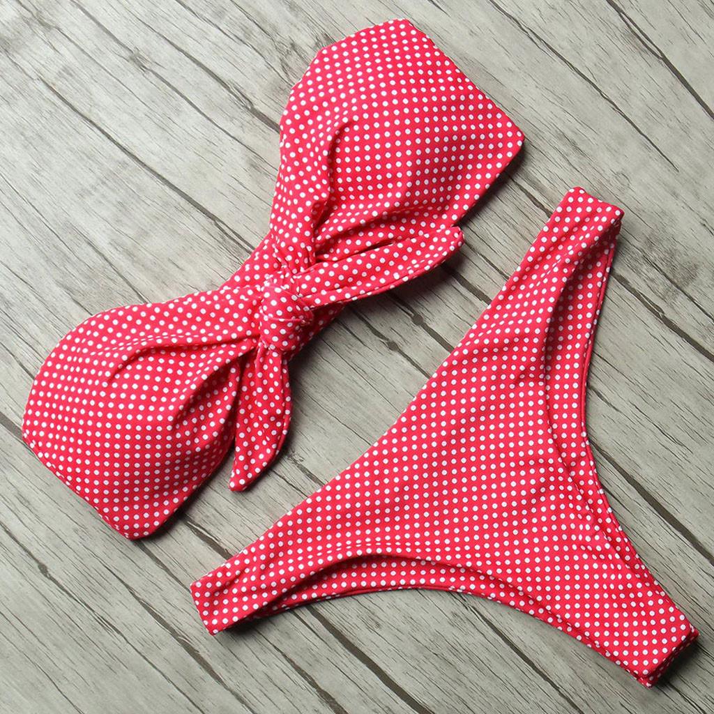 Women's Sexy Print Bow Tie High Cut Bandeau Bikini Set Two Piece Swimsuit