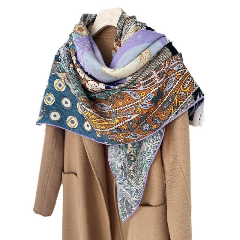 Spring and Autumn New High-end Silk Wool 140 Large Shawl Light Luxury Versatile Silk Wool Scarf Cold-proof and Warm Square Scarf