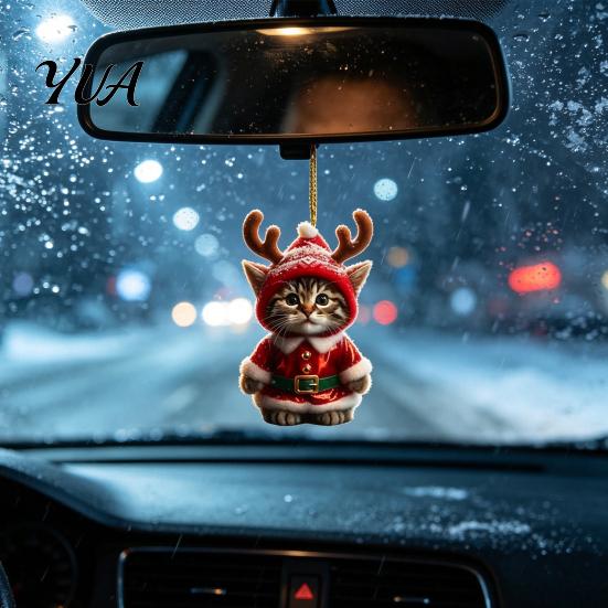 Festive Home Door Decor Santa Cat Christmas Ornament, Acrylic Car Mirror Hanging with Holiday Decorations Reindeer Antlers, 2D Cute Bag Charm
