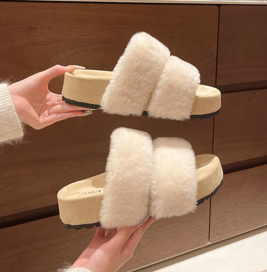 Модные женские тапочки на толстой подошве с пушистым мехом, стильные, простые, элегантные, модные резиновые шлепанцы для улицы, сандалии с открытым носком