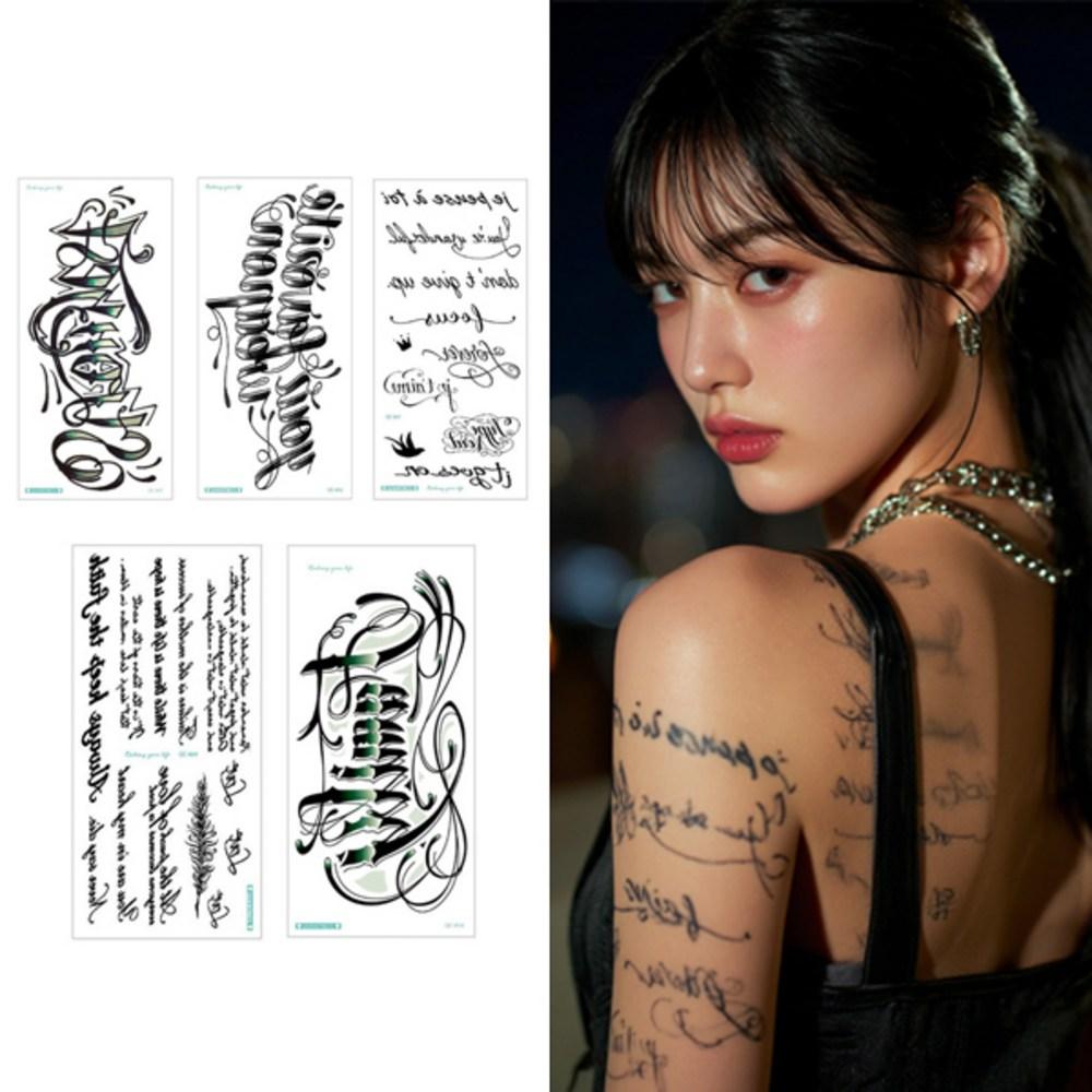 Set of 5) QC Lettering English Letters Waterproof Henna Tattoo Stickers Vacation Fashion Water Park QC Lettering English Letters, 1 set