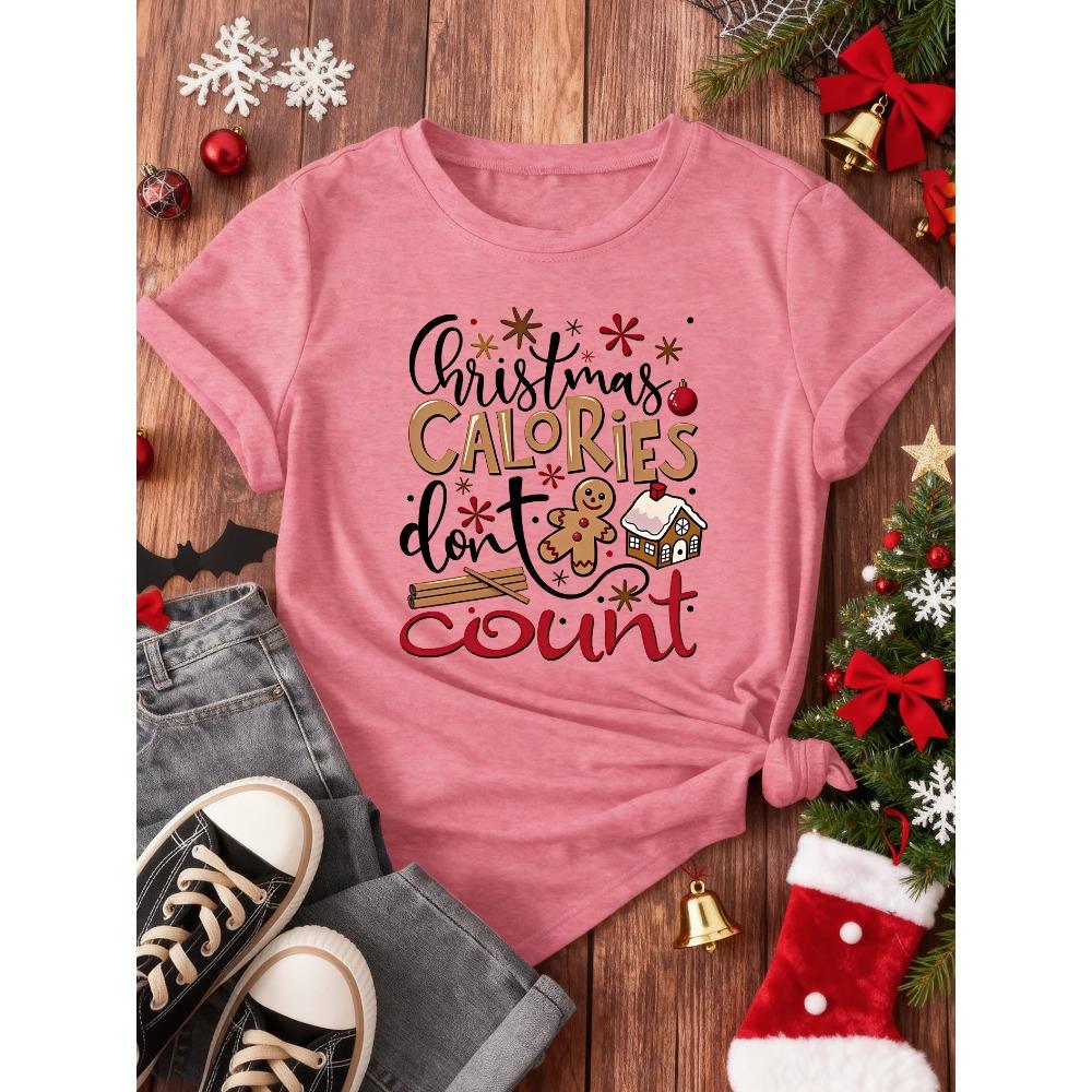 Christmas fun short sleeves, gingerbread man hut, ins style cute simple large size slim top