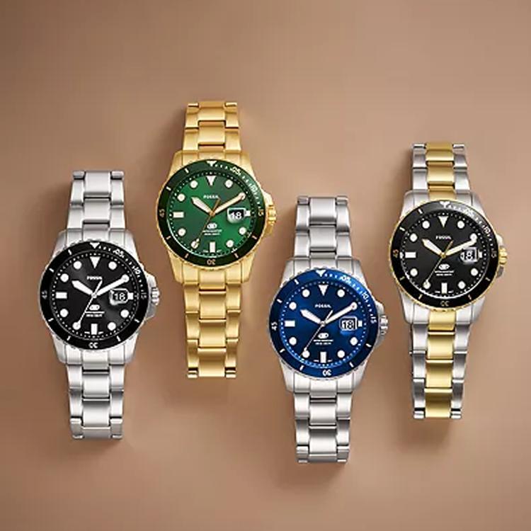 Fossil BLUE DIVE Наручные часы Кварцевый механизм Стальной ремешок 42 мм Зеленый циферблат Унисекс Водонепроницаемость 100 м FS6030