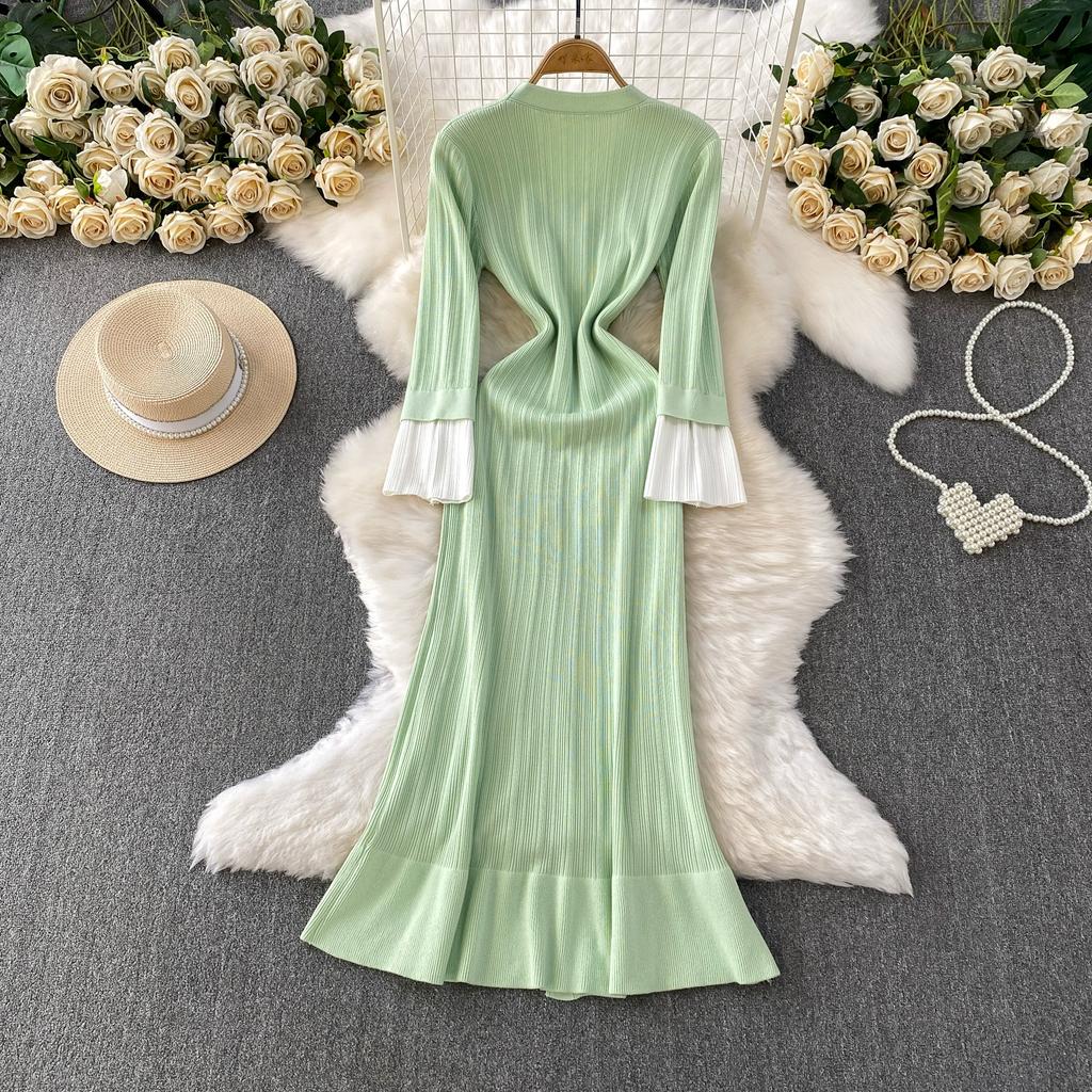 Autumn Winter Women V-neck Full Sleeve Knitted Pullover Sweater Party Long Maxi Mermaid Dresses