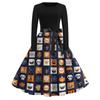 Women's Casual Vintage Halloween Print Dress Round Neck Long Sleeve Fit and Flare Retro Style Midi Dress with Waist Tie