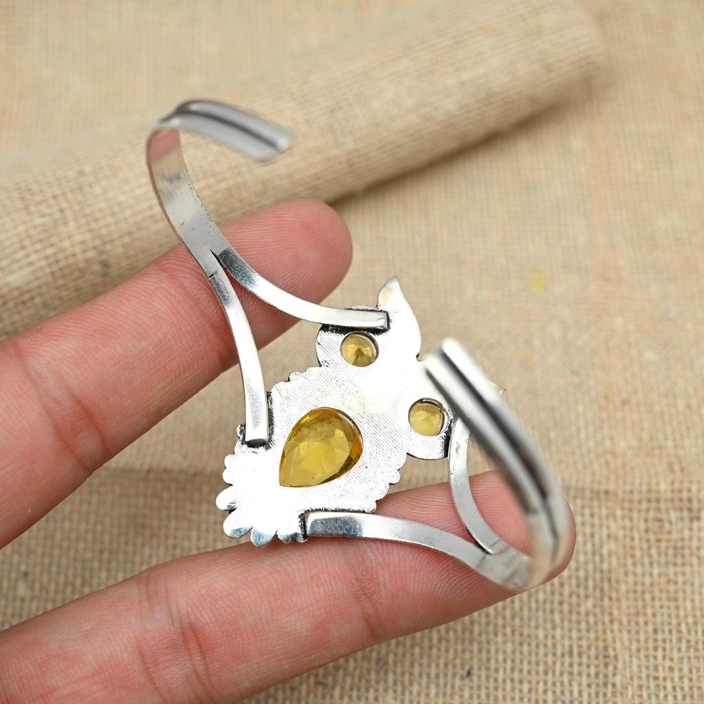 Citrine Gorgeous Gemstone Cuff 925 Solid Sterling Silver Handmade Owl Design Adjustable Jewelry