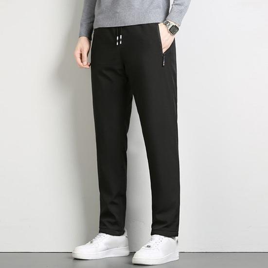 Winter Men Pants Thick Fleece Drawstring Elastic Waist Heat Retention Zipper Pockets Solid Color Warm Sport Travel Work Trousers